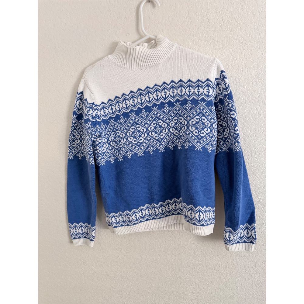 Talbots Blue White Fair Isle Mock Neck Sweater Womens Small Long Sleeve Knit